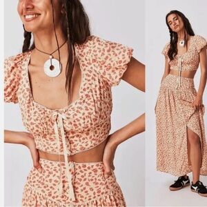 Free People Cream and Orange Floral Crop Top and skirt